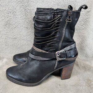 Mjus Shoes Womens Size 10 Black Leather Buckle Block Heel Boots